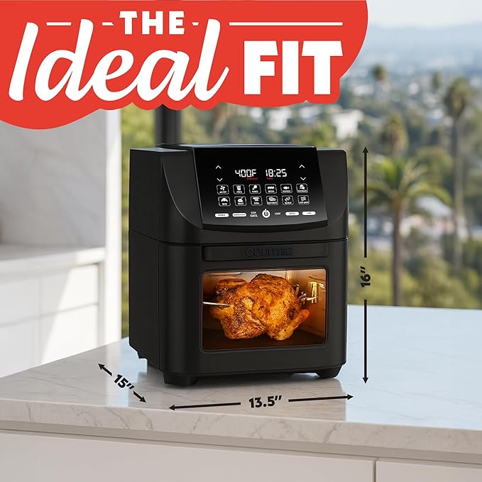 Gourmia Air Fryer - 14 Qt All-in-One Oven with Rotisserie, Digital Display with 12 Presets, Roast, Bake, Broil, Dehydrate, Dishwasher Safe Accessories, Black