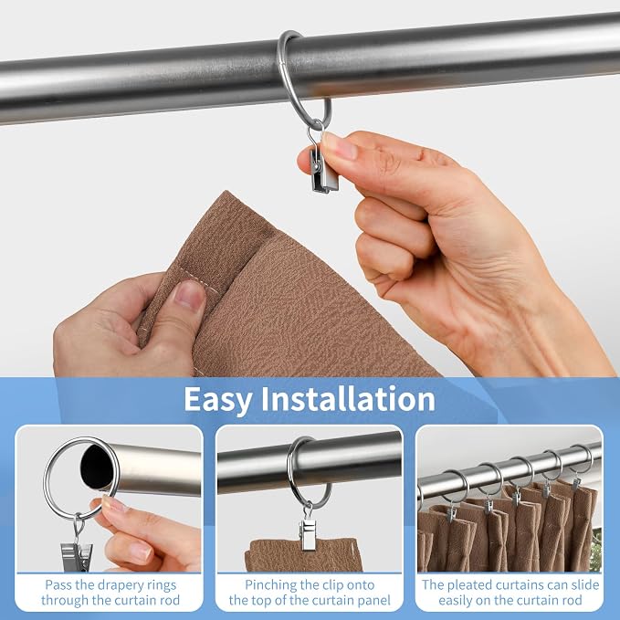 Curtain Rings with Clips, 44 Pack Metal Drapery Rings with Clips Hooks Hangers - Image 6