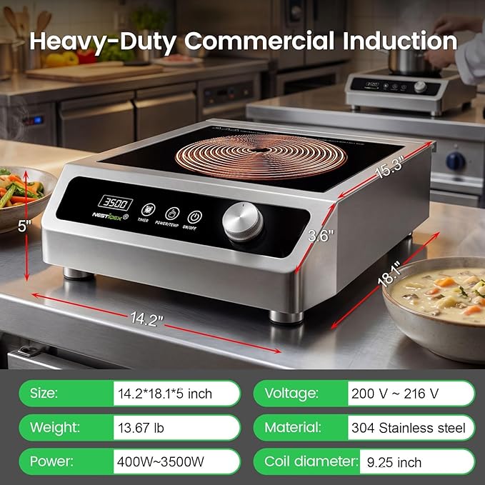 3500W Commercial Induction Cooktop, NESTIQEX 208V 3-Phase Large Induction Burner with 20 Power & Temp Levels, 9" Large Coil, 24h Timer, Pro Electric Countertop Burners for Restaurant