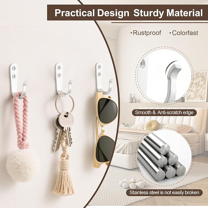 BREYDROK 20Pack Towel Hooks for Bathroom, Heavy Duty White Metal Wall Hooks | - Image 2