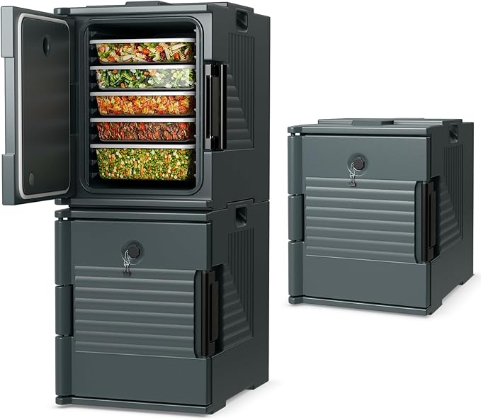 COSTWAY Insulated Food Pan Carrier, 95 Qt Hot Box Catering for 6 Full-Size Pan, Stackable Design, Fastener, Portable Front-Loading Food Warmer for Family Gathering, Buffets, Restaurant, Grey (3)