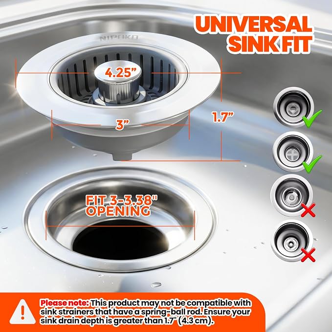 3 in 1 Kitchen Sink Drain Strainer Stopper Basket Pop Up Silver - Image 6