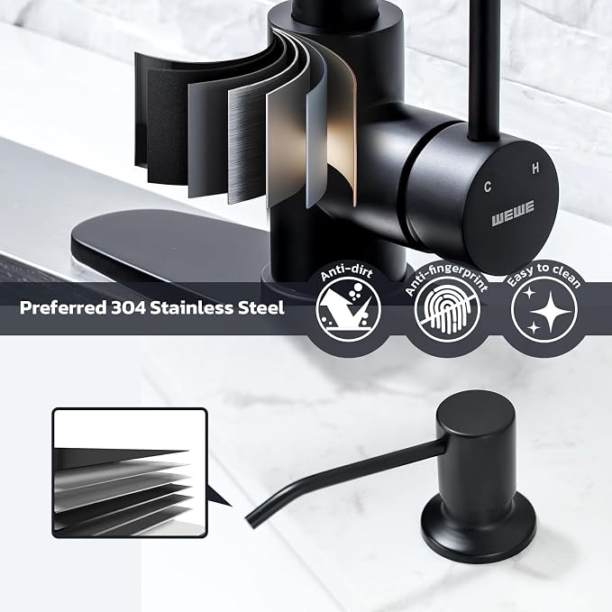 WEWE Kitchen Faucet with Soap Dispenser, Stainless Steel, Matte Black | 2 Modes - Image 4