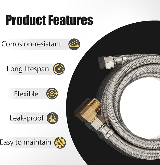 1 Pack Foskan 10FT Stainless Steel Dishwasher Hose With 3/8" Comp x 3/8" MIP 90° Elbow,Flexible Water Line Connector for Standard Dishwashers （10FT）