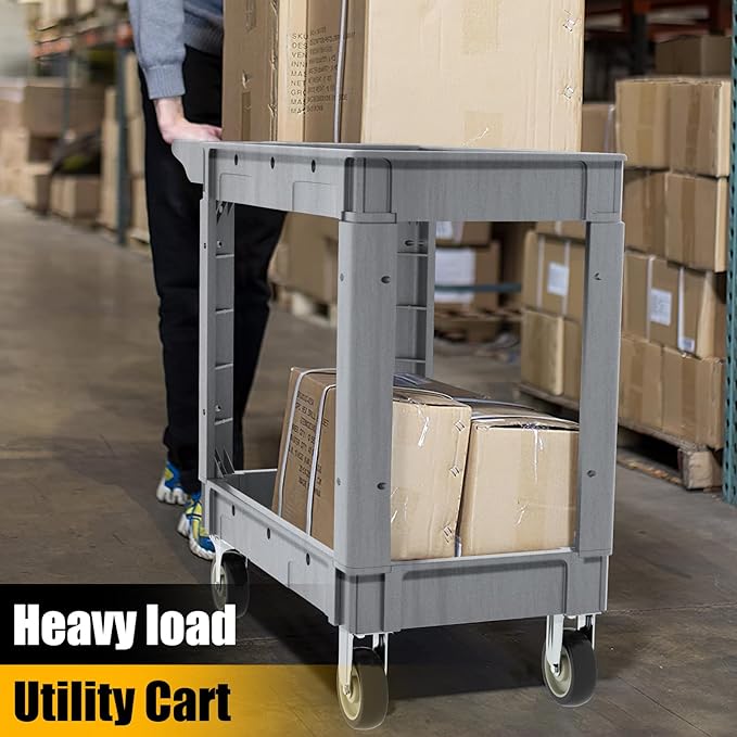 Utility Rolling Tool Cart, 40 x 17-Inch Plastic Rolling Carts, Huge Storage W/Deep 2-Shelf Heavy Duty Service Cart with Wheels, 550 lbs Capacity Organizer for Garage, Warehouse, Workshop