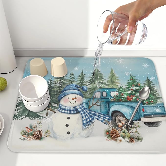 Giwawa Winter Snowman Blue Dish Drying Mat Xmas Truck Dishes Pad 16"x18" - Image 6
