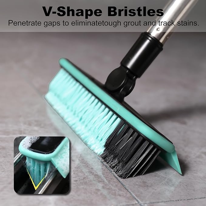 Grout Cleaner Brush with Long Handle, V-Shaped Floor Scrub Brush Swivel Grout - Image 3