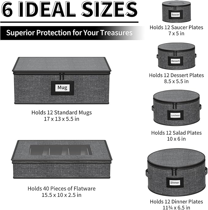 Aokeyee 6-Piece China Storage Containers Set, Hard Shell Moving Boxes for Dishes, Plates, Mugs & Flatware – Dinnerware Organizer with Soft Dividers, Sturdy Handles & Zippers, Grey