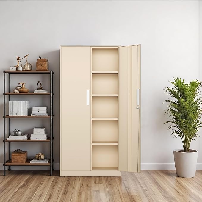 Oakmont Metal Storage Cabinet for Tool Organization, 72" Lockable Garage Storage Cabinets with 2 Doors and 4 Adjustable Shelves, Locking File Cabinet for Office, Home, School (72“ Standard-Ivory)