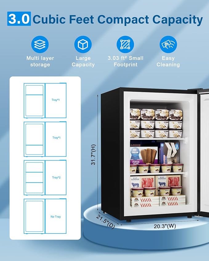3.0 Cu.ft Upright freezer - Compact Mini Freezer with 7 Adjustable Thermostat, Removable Shelves, Reversible Single Door, 360°Uniform Cooling Small freezer for Home Office Dorm, Silver