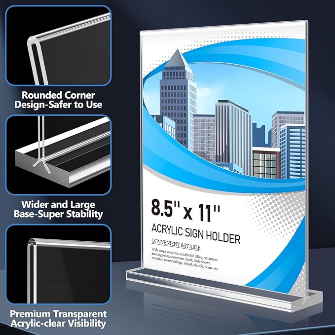 Acrylic Sign Holder 8.5 x 11 6 Pack, Double-Sided Clear Sign Holder Plastic Stands for Display, Table Sign Stands, T Shape Flyer Holder