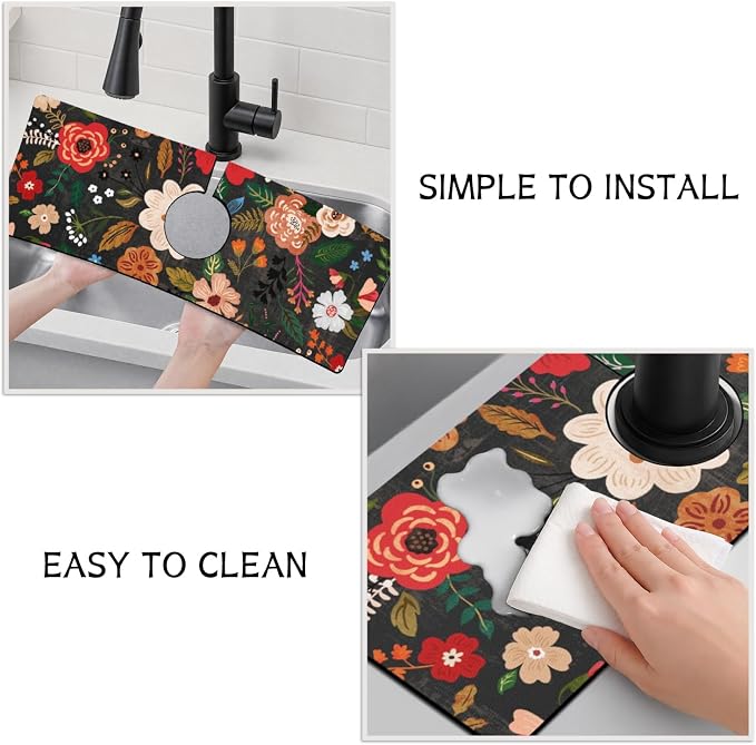 Boho Black Flowers Kitchen Sink Splash Guard Faucet Mat, Faucet Non-Slip - Image 4