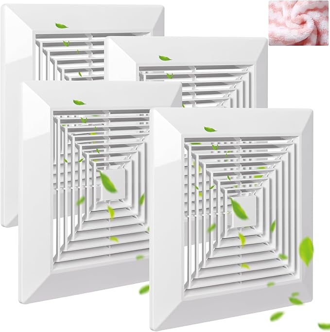 ( 4Piece 9" x 9"Inch Bathroom Exhaust Fan Cover with Spring, Square Ceiling or Wall Mounted Exhaust Fan, Ceiling Fan, Grille, Air Diffuser, Diverter Ventilation Hood, Replacement Accessories