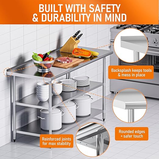 Stainless Steel Prep Table 24" X 60" with 2 Adjustable Undershelves, Backsplash and Wheels, Commercial Metal Workstations for Kitchen, Garage, Outdoor BBQ