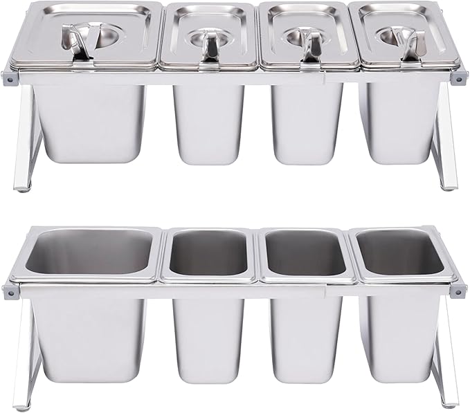 Pizza Topping Station with 4 Pans& Lids, Stainless Steel Food Container Pans Condiment Dispenser Countertop Spice Rack Organizer Shelf Holder for Seasoning Sauce Salad Jam Fruits Ingredients