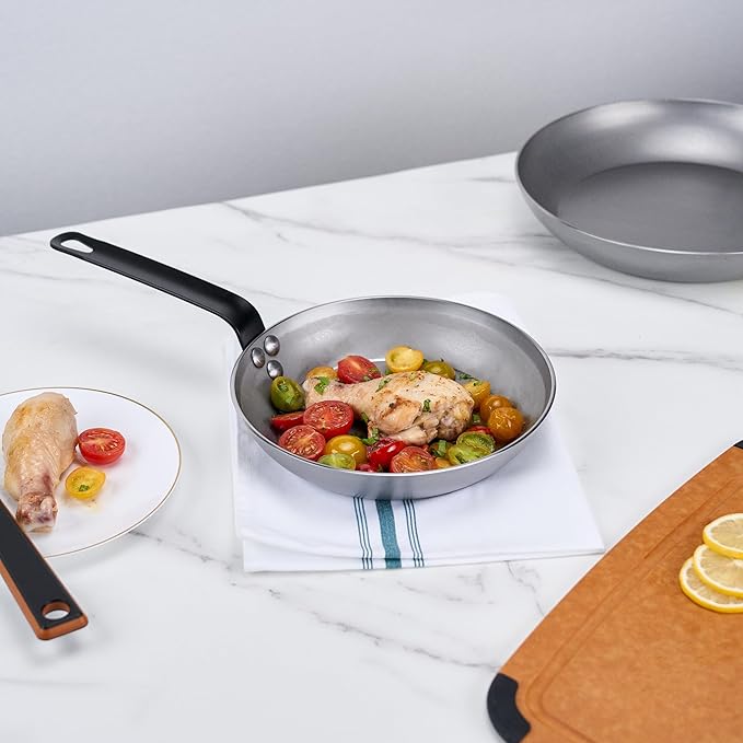 Restaurantware Met Lux 9 Inch Fry Pans, 6 No-Stick Frying Pans - Induction-Ready, Triple-Riveted, Silver Carbon Steel Cooking Skillets, Durable, For Searing, Sauteing, And Browning Food