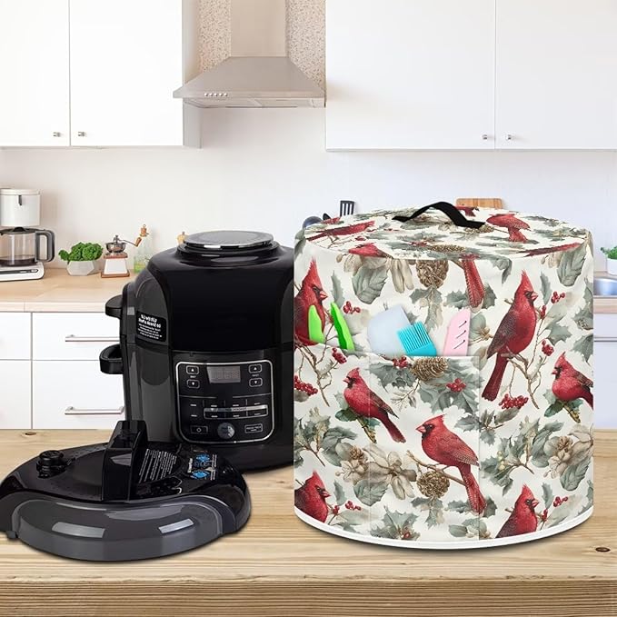 8 Quart Pressure Cooker Dust & Stains Protector Cover Round Bag with Top Handle and Storage Pocket Kitchen Appliance Decoration Christmas Cardinal Bird Print