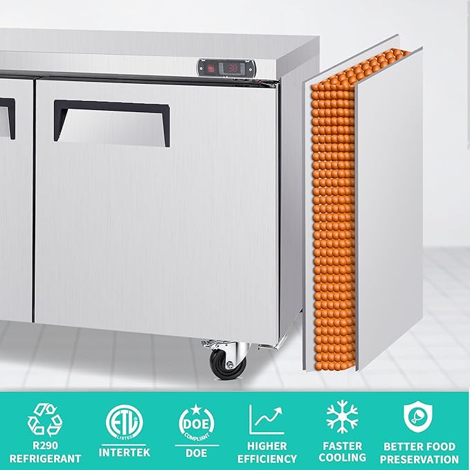 60" Commercial Double Door Worktop Refrigerator, 17 Cu.ft Stainless Steel Prep Table Fridge, R290 Heavy-Duty Undercounter Cooler