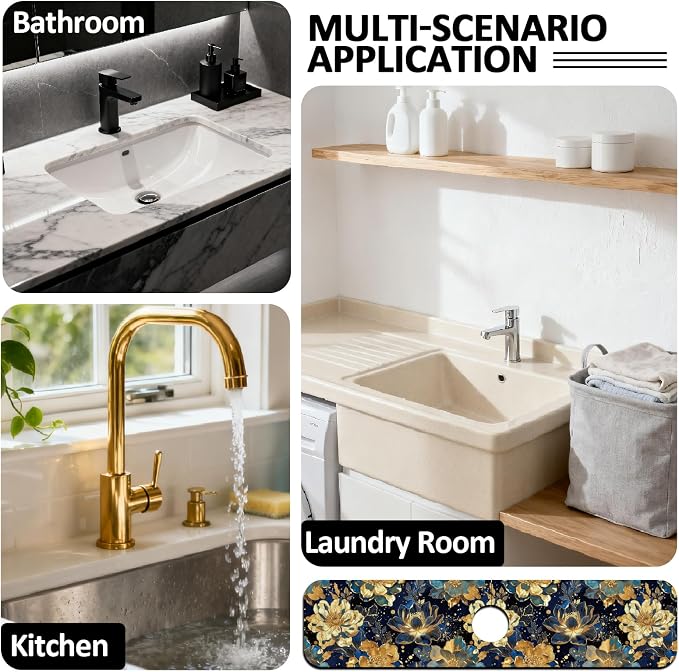 2 Pcs Blue Gold Foil Flower Kitchen Sink Splash Guard Faucet Mat Psychedelic - Image 7