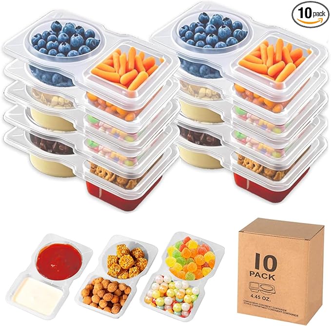 10 Sets Reusable Snack Containers, 2-Compartment Dipping Containers with Lid for Refrigeration, Leak-Proof, Ideal for Take Out Sauces,Portion Control,Meal Prep & Travel