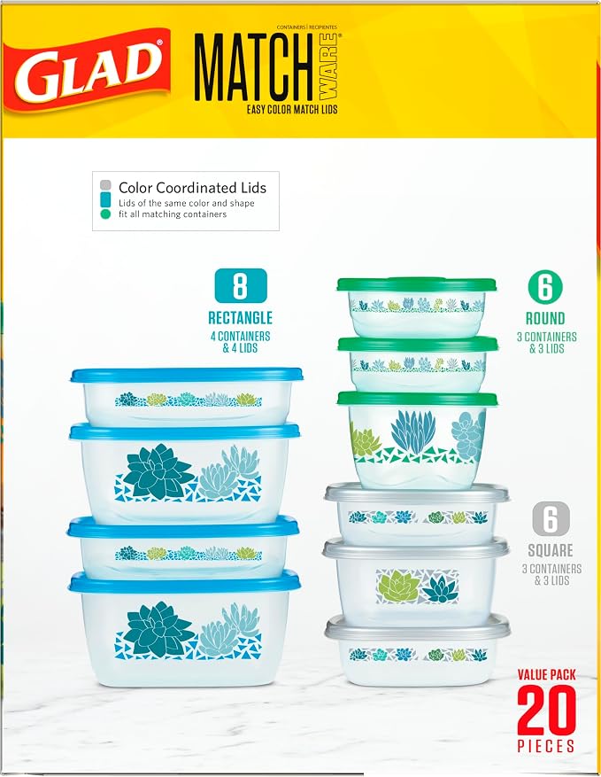 Glad GladWare MatchWare Food Storage Containers, 20 Piece Variety Pack - Image 8