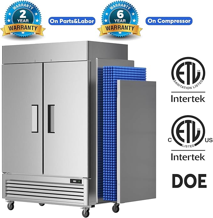 Coolski 54’’ Wide Commercial Refrigerator with 8 Shelves, Stainless Steel Reach-in Refrigerators with 49 Cu.Ft. Capacity 2 Solid Doors for Restaurant Cafe Garage, ETL NSF Approved