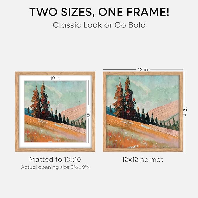 Homeforia 12x12 Light Wood Frame, High End Natural Oak 12 x 12 Square Picture Frames with Mat 10 by 10 inch Photo, 12by12 Wooden Poster Frames Matted to 10x10 Print, Tempered Glass, Wall Kit, Set of 3