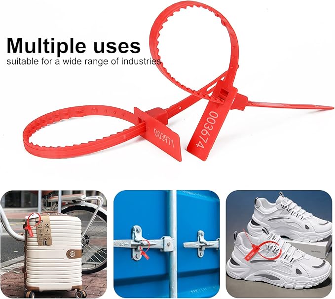 Heavy Duty Plastic Security Tag Self-Locking Tamper-Evident Shipping Numbered Pull Tight Securing Straps 337mm 13.2" (Red 100 PCS)