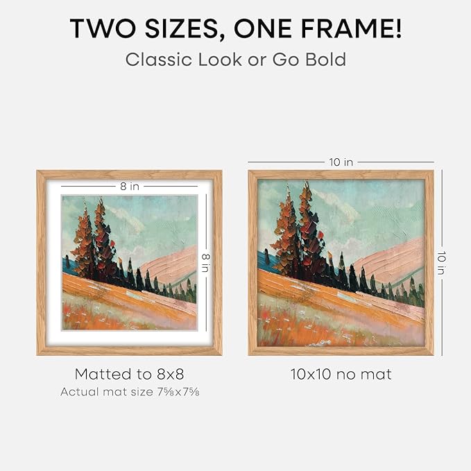 Homeforia 10x10 Picture Frame Wood, High-End Natural Oak 10 x 10 Thin Square Poster Frames with Mat 8 by 8 inch Photo, 10by10 Light Wooden Frame Matted to 8x8 Print, Tempered Glass, Wall Kit, Set of 4