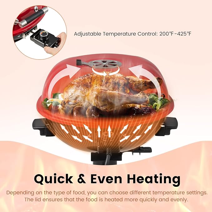 HAPPYGRILL 1600W Electric Grill Outdoor, Portable BBQ Grill with Warming Tray, Removable Non-Stick Grill Rack, Adjustable Temperature& Oil Drip Tray for Patio, Camping, Picnic