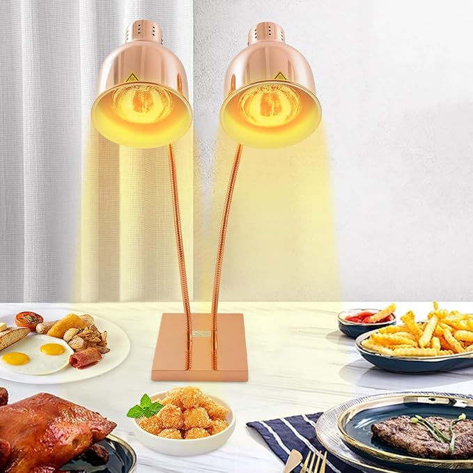 Food Heat Lamp Warmer Rose Gold, 500W Double Bulbs Buffet Display Heating Preservation Light, Electric Portable Infrared Heating Lamp with 360°Adjustable Head (Rose Gold)