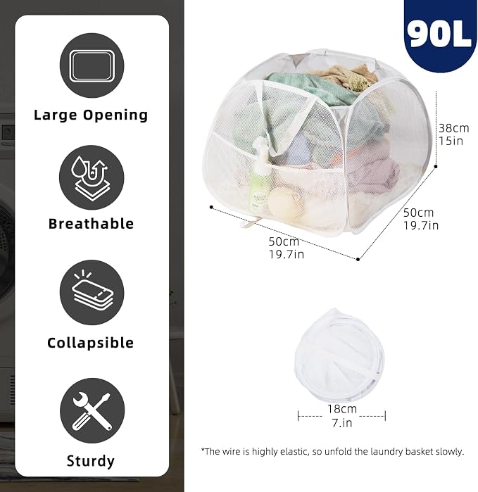 Collapsible Laundry Basket 90L, Mesh Pop-up Hamper, Side Storage Pocket - Image 2