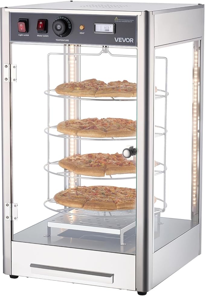 VEVOR Commercial Food Warmer Display, 4-Tier Pizza Warmer with Rotary Steam Heating for 14 in Pizza, 86℉~185℉ Temperature Control and Temp Display, 25W Oven Light + Top LED for Pizza Shop, Restaurant