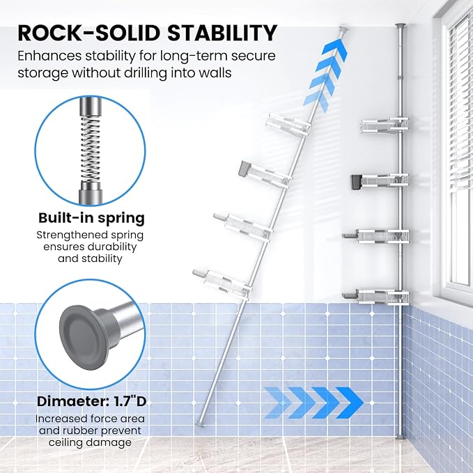 Adjustable Shower Caddy Tension Pole: Rustproof Corner Bathroom Shelves - Image 6