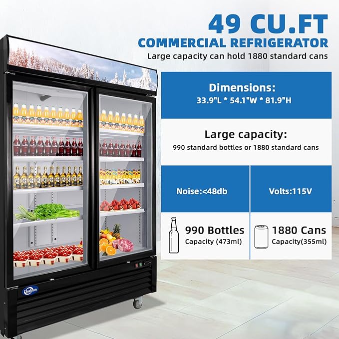 Display Beverage Refrigerator, 49 Cu.Ft Commercial Drink Fridge with Glass Door & 8 Adjustable Shelves, Commercial Refrigerator with LED Light for Restaurant, Supermarket, Gym, Black