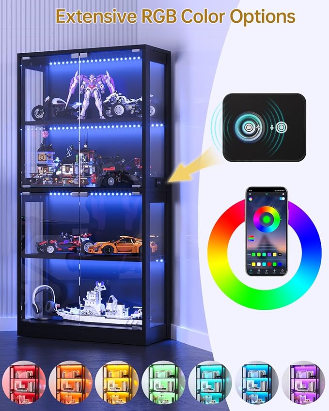 Glass Display Cabinet 2pcs, 65" Tall Display Case with RGB Lights Curio Cabinet with Glass Doors 4-Tier LED Storage Cabinet with Human Body Sensor & Press-To-Open for Collectibles Book Figure(Black)