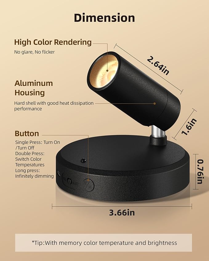 EZVALO Spotlights Indoor with Remote, 5500mAh Rechargeable Picture Lights, Wireless LED Uplighting with Timer＆Dimmable, 3CCT, Display Lights for Plant Painting, Artwork, Accent Lighting (2Pack-Black)