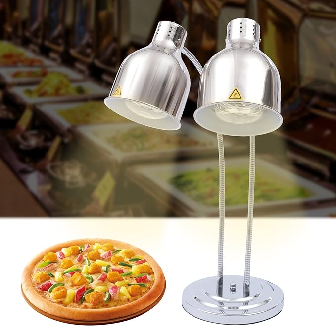 Food Heat Lamp Warmer Silver, 500W Double Bulbs Buffet Display Heating Preservation Light, Electric Portable Infrared Heating Lamp with 360°Adjustable Head (Silver Style2)