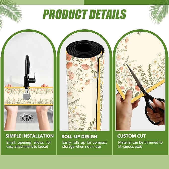 3 Pcs 2 Size Kitchen Sink Splash Guard Faucet Mat Watercolor Floral Frame - Image 3