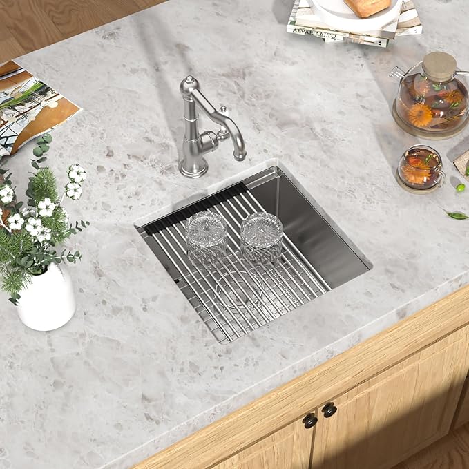 Undermount Bar Sink - 17 Inch Workstation Bar Sink Stainless Steel 16 Gauge Single Bowl Under Counter Small Prep RV Sinks with Cutting Board and Assembly #TLU-0021