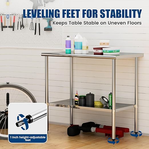 Stainless Steel Work Table 24 x 48 Inch with Adjustable Undershelf, Heavy-Duty Metal Prep Table for Commercial Kitchen & Restaurant, Garage, Outdoor
