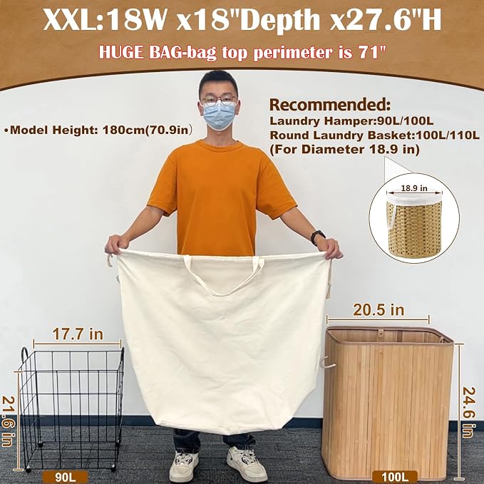 Canvas Laundry Bag with Handles & Square Base, XXL 18"Wx18"Dx27.6"H - Image 2
