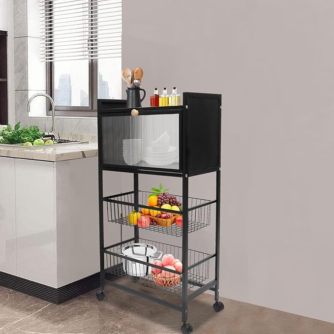 Bakers Rack for Kitchen with Storage, 4 Tier Kitchen Organizer Shelf for Vegetables, Fruits, Small Rice Cookers (Black)