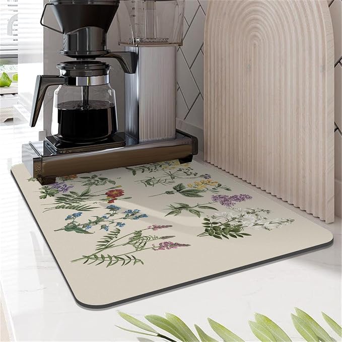 LOKHOM 12"x20" Dish Drying Mat，Vintage Sage Flower Herb Coffee Mat | Ultra - Image 9