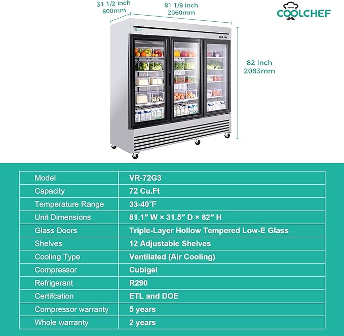 COOLCHEF 81" Commercial Glass Door Refrigerator, 72 Cu.Ft Triple-Door Reach-In Cooler, 33–40℉, Triple-Layer Low-E Glass, 12 Shelves, R290