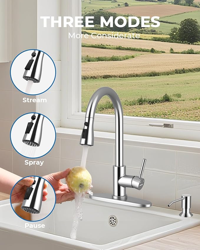 WEWE Kitchen Faucet with Soap Dispenser and Pull Down Sprayer, RV Single Handle Classic 3 Modes Stainless Steel Faucet for Kitchen Sink, RV, Polishede Chrome