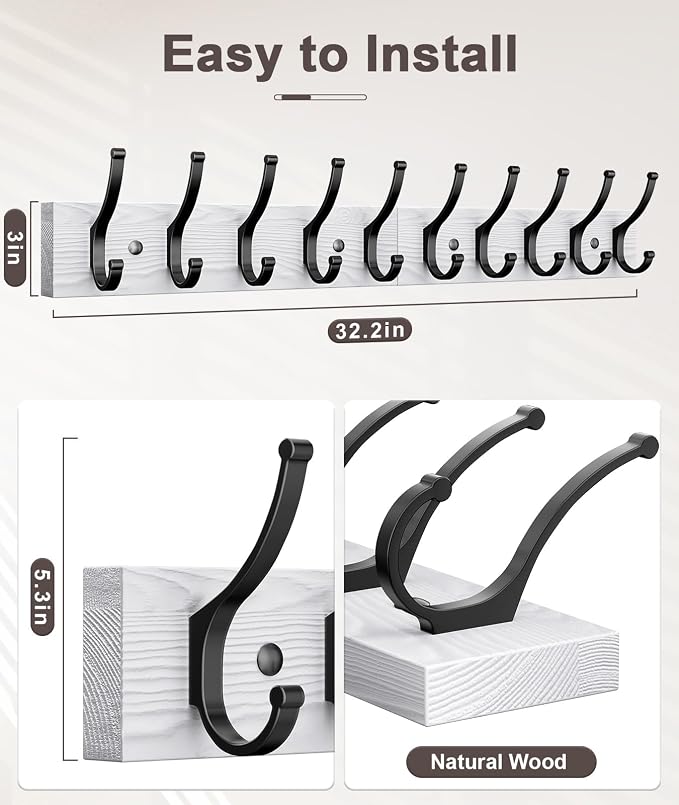 Optish 2 Pack Wooden Coat Rack Wall Mount, 16.1" Rustic Coat Hanger Hooks - Image 2