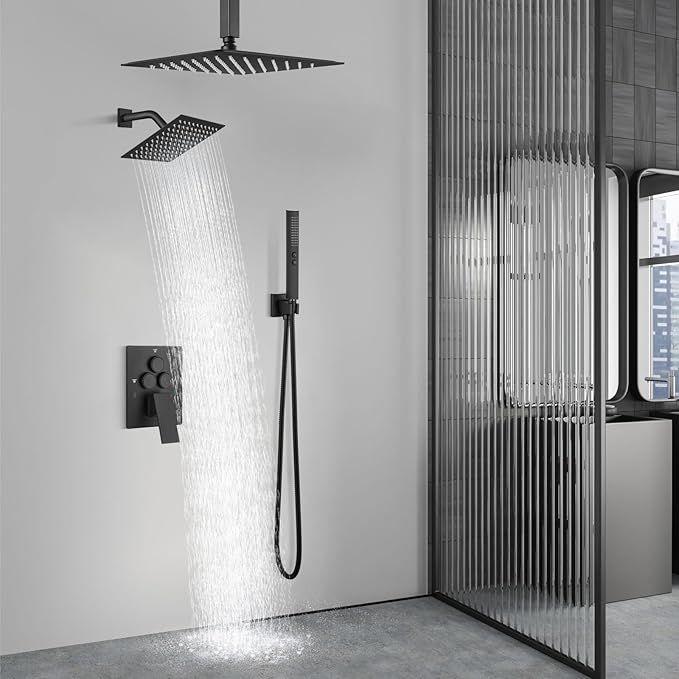 Aolemi Shower Faucet Set Ceiling Mount Shower System Rough-in Valve and Shower Trim Kit 2 in 1 Handheld Spray Push Button Diverter 12 and 6 Inch Dual Shower Head Matte Black