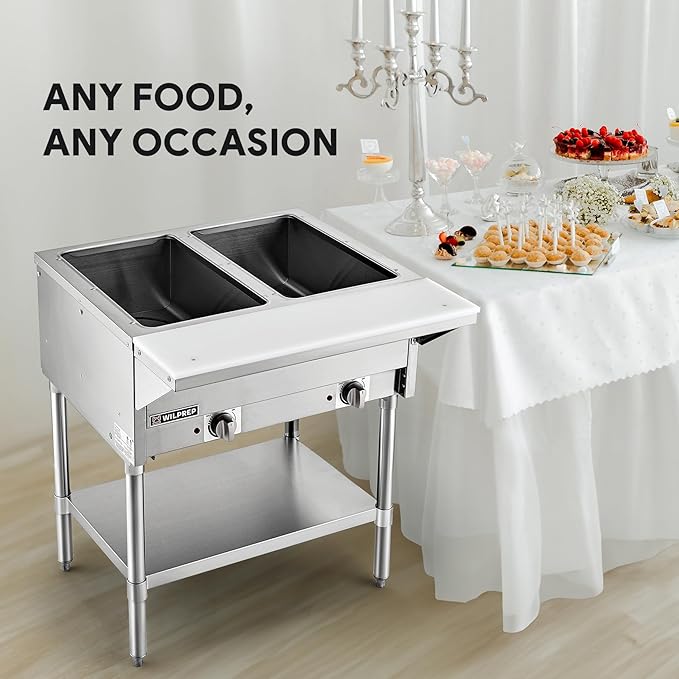 WILPREP 2 Well Commercial Food Warmer, 1000W Electric Steam Table with 8" Cutting Board & Storage Shelf, 30" Stainless Steel Steam Table Food Warmer with Knob Control for Catering Buffets Restaurants