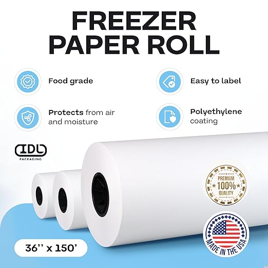 Freezer Paper Roll 36" x 1800" (150 feet) - USA-made White Paper for Freezing Food - Freezer Material with Special Coating for Meat & Fish - Strong Barrier Against Air and Moisture by IDL Packaging
